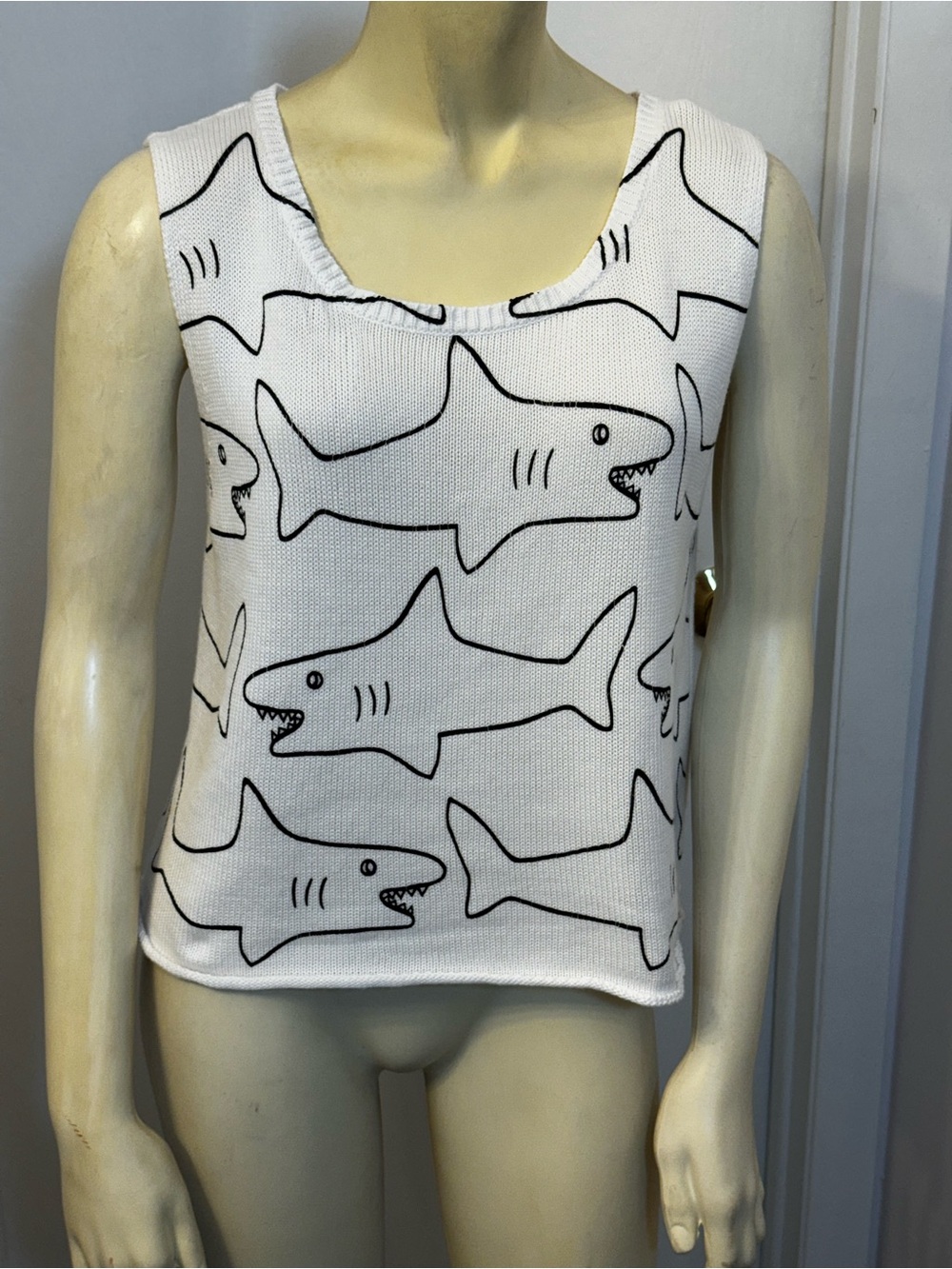 PJK Patterson J. Kincaid White Tank with Black Shark Outline Print